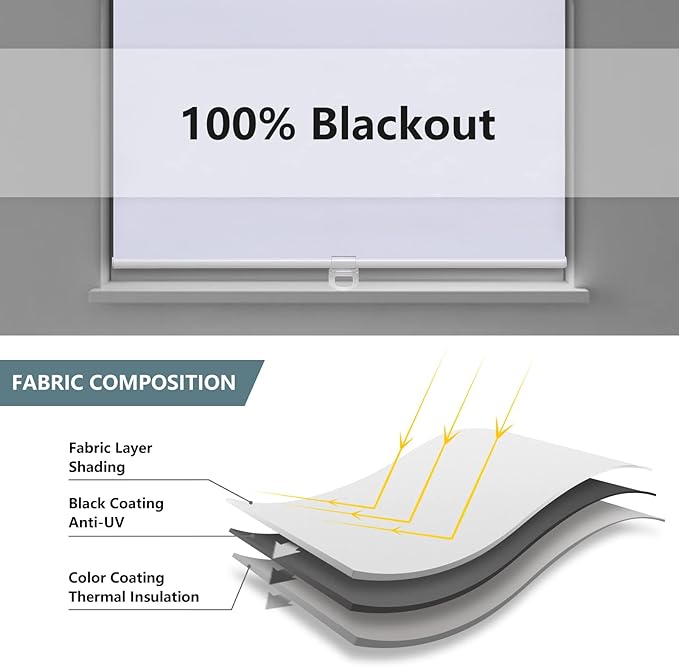 AOSKY Cordless Roller Shades Blackout Blinds for Windows Room Darkening Rolled Up Shades with Spring System, UV Protection Window Shades Door Blinds for Home and Office (49" W x 72" H, White)