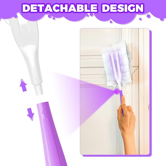 3PCS Duster Refills Folding Handles Set Compatible with Swiffer Dusters,Disposable Static Dust Removal Brush Handle for Dusting Electronics,Furniture,Blinds,Ceiling Fans (3, Purple)