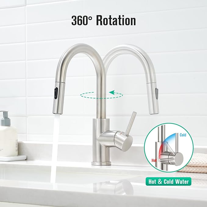 CREA Bathroom Faucet with Pull Out Sprayer,Brushed Nickel Single Handle Kitchen Bar Faucets for Mini Sink Pull Down Vanity Mixer Tap 2 Water Modes,cUPC/NSF