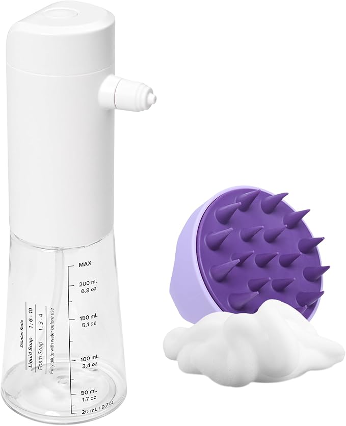 Airversa Electric Foaming Shampoo Dispenser with Hair Scalp Massager Brush 1100mAh IPX8 Shampoo Foamer for Woman Men Baby Kid Dog Cat ES1-White Kit