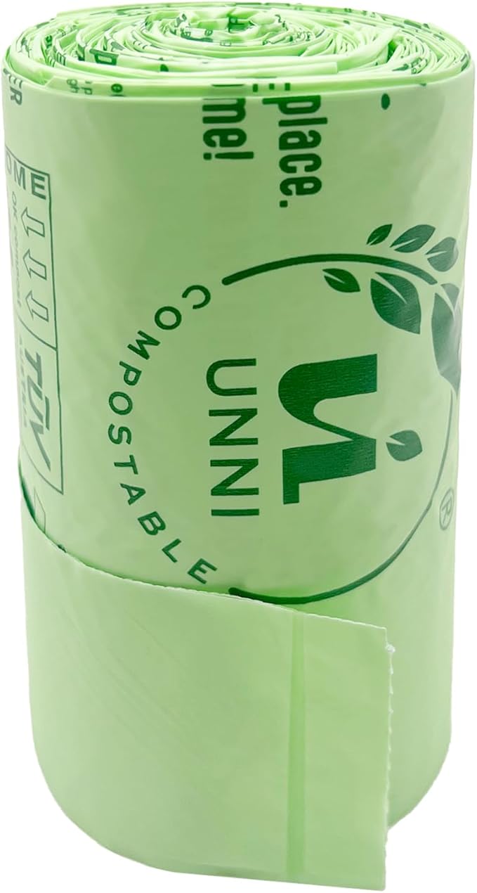UNNI Compostable T-Shirt Bags with Tie Handles, 2.6 Gallon / 9.84 Liter, 200 Count Value Pack - 2 rolls × 100, 0.68 mil Small Compost Bin Liners, Certified by BPI, CMA & OK compost HOME