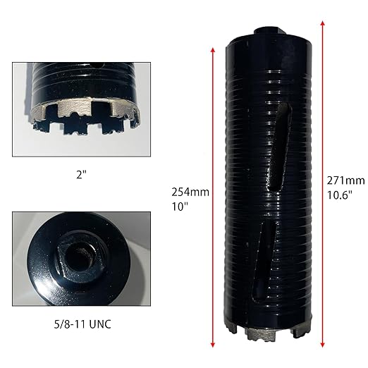 2 inch Dry Core Drill Bits 10in/254mm Drilling Depth， 5/8-11" Thread，10mm Diamond Segment Height，2 Adapters