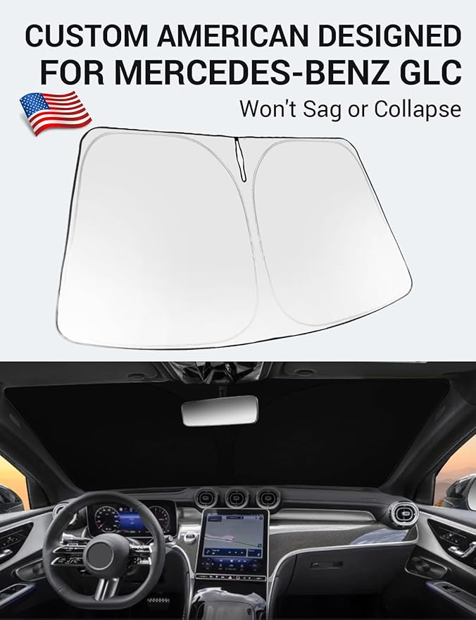 Proadsy 2025 Upgrade Windshield Sun Shade Custom Fit Mercedes-Benz GLC 2023-2025 2026 Foldable Front Sunshade Protector Sun Visor Blocks UV Rays Keep Car Cooler Accessories