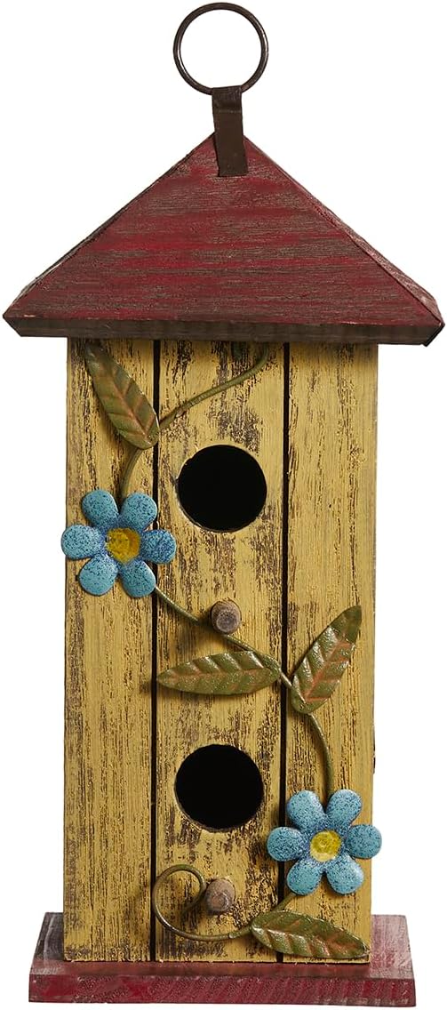 Glitzhome Bird Houses for Outside,11.75"H Solid Wood Hanging Birdhouse,Washed Yellow Distressed Decorative Outdoor Garden Birdhouses with 3D Metal Flower for Swallow Sparrow Hummingbird Finch Cardinal