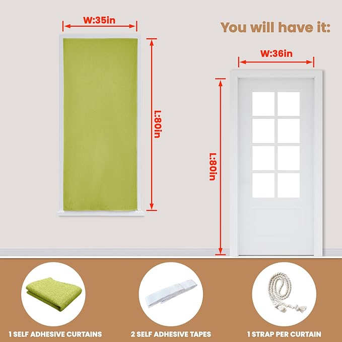100% Blackout Curtain,Adhesive Curtain,Black Out Window Cover No Drilling Travel Kit,Perfect for Media Rooms, Dormitories and Renters (Fruit Green - W35 × L80 in)