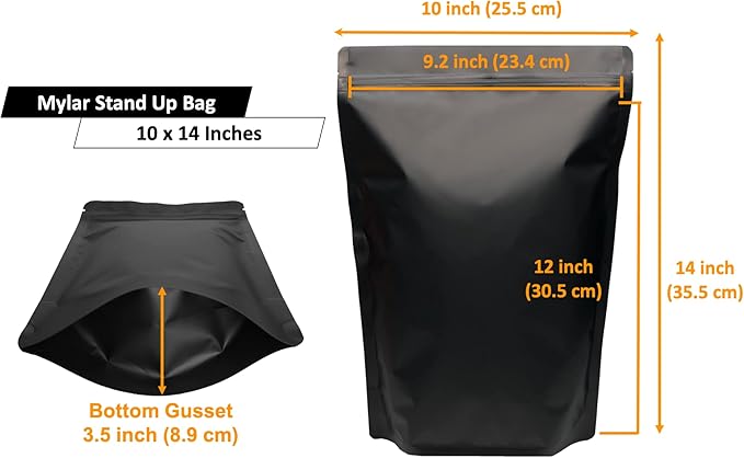 50 Pack 1 Gallon Matte Black Stand Up Food Storage Bags – 5 Mil 10x14 Inches Resealable Food Storage Zipper Pouch Bag, Large Heat Sealable Plastic Foil Packaging Pouches
