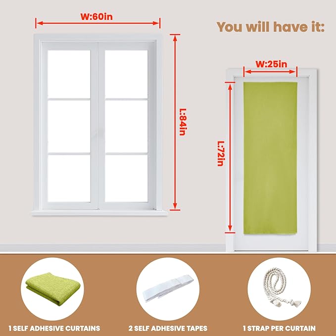 100% Blackout French Door Curtain,Adhesive, No Drilling Required,Small Curtains Designed for Installation On Doors (Fruit Green - W25 × L72 in)