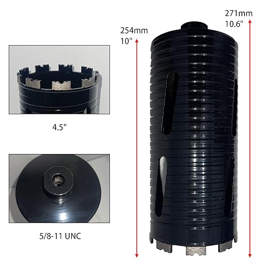 4 1/2 inch Dry Core Drill Bits 10in/254mm Drilling Depth， 5/8-11" Thread，10mm Diamond Segment Height，2 Adapters