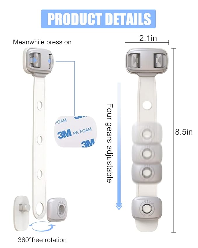 Fridge Locks,Refrigerator Door Lock,Child Proof Safety Cabinet Lock with Strong 3M Adhesives,Fridge Locks for Kids,Adjustable Strap Multi-Purpose for Cabinet,Drawers,Freezer,Oven (4 Count (Pack of 1))