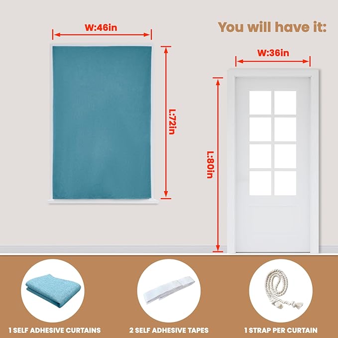 100% Blackout Curtain,Adhesive Curtain,Black Out Window Cover No Drilling Travel Kit,Perfect for Media Rooms, Dormitories and Renters (Stone Blue - W46 × L72 in)
