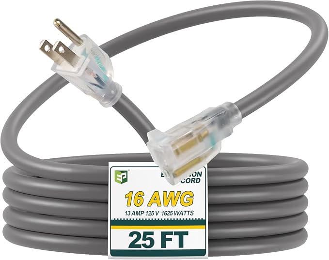 EP 25 Ft 16/3 SJEOW Heavy Duty Extension Cord, Grey Power Cable with LED Lighted Plug & 3-Prong Grounded Plug, Water-Resistant for Indoor/Outdoor Use, Lawn, Garden, Appliances & Tools