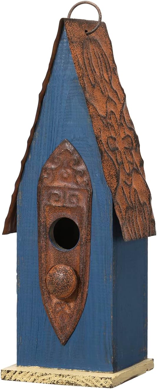 Glitzhome 13.25" H Retro Blue Distressed Solid Wood Birdhouse Hanging Garden Bird House for Outdoors