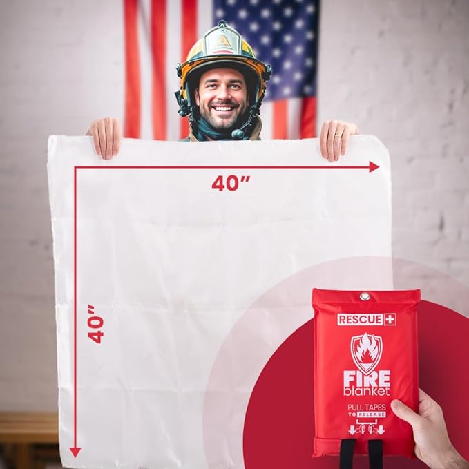 Rescue+ Emergency Fire Blankets – 2 Pack, 40” x 40” Fiberglass Flame Retardant Safety Blanket for Home, Kitchen, Workplace, Travel, Camping, and Car Emergencies