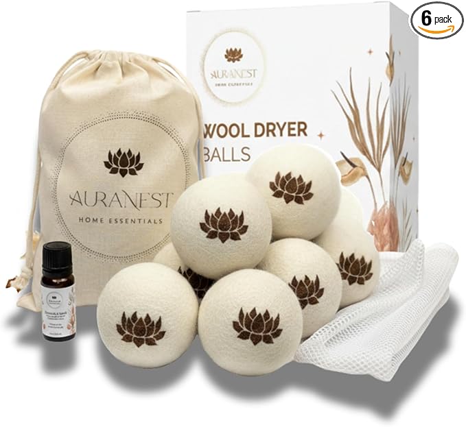 AuraNest Premium Quality Wool Dryer Balls Kit – 100% Organic XL Dryer Balls with Essential Oil & Laundry Mesh Bag, Reusable Fabric Softener Alternative to Dryer Sheets, Eco-friendly Housewarming Gift