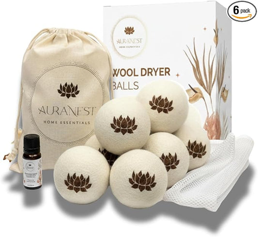 AuraNest Premium Quality Wool Dryer Balls Kit – 100% Organic XL Dryer Balls with Essential Oil & Laundry Mesh Bag, Reusable Fabric Softener Alternative to Dryer Sheets, Eco-friendly Housewarming Gift