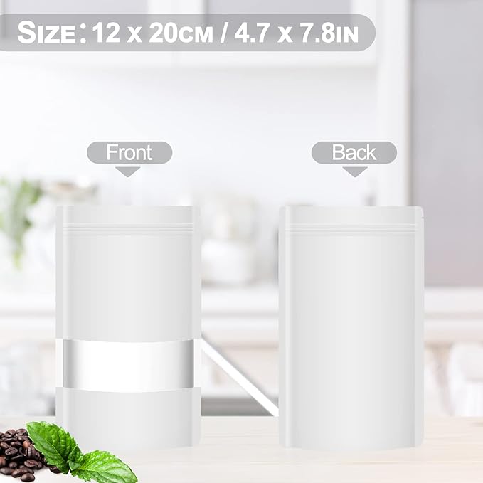 100 Pack Smell Mylar Proof Bags for Food Storage, Resealable Packaging Bags for Small Business, Stand Up Foil Pouches Reusable Heat Sealable Bags with Clear Window (White, 4.7x7.8 In)
