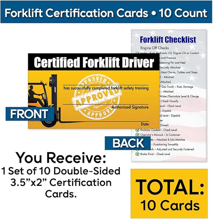 Forklift Operator Safety Training Cards - 10 Cards - Forklift Driver Card - Operator Safety - Wallet Forklift Training Card (1 pack of 10 cards)