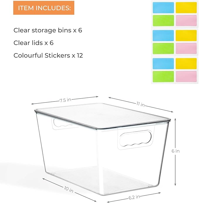 6 Pack Clear Stackable Storage Bins, Plastic Toy Organizers and Storage with Lids, Toy Bins for Kids Organizer, Storage Container for Organizing for Playroom, Toy Storage Organizer Holds Toys(6)