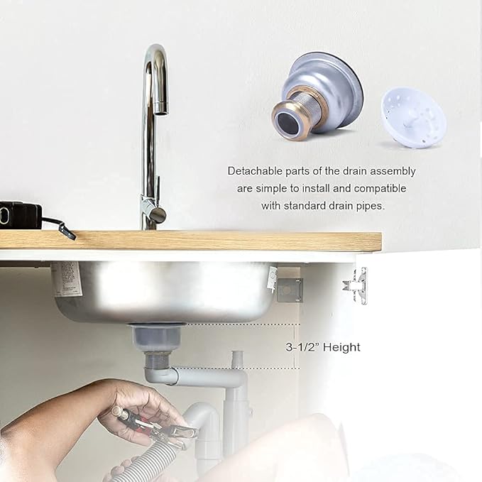 3-1/2 Deep Cup Kitchen Sink Drain Assembly, 304 Stainless Steel Construction With Fixed Post Basket and Long Extended Shank/CAS Approved and White Finish