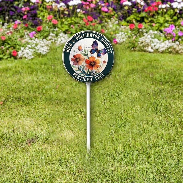 Bidesign Round (9.2X9.2) IN Bird And Pollinator Habitat Pestiside Free Yard Sign with Stake Rustproof Aluminum Butterfly Lawn Signs Stand for Home Garden Yard Decorations Outdoor