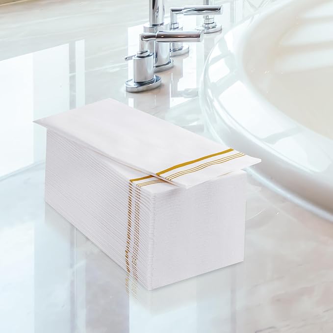 100 Disposable Paper Hand Towels for Bathroom, Linen Feel Guest Towels, Soft and Absorbent Paper Towels Napkins Bulk for Dinner Parties Kitchen Wedding Graduation, 12" x 17"(Gold Trim Lined)
