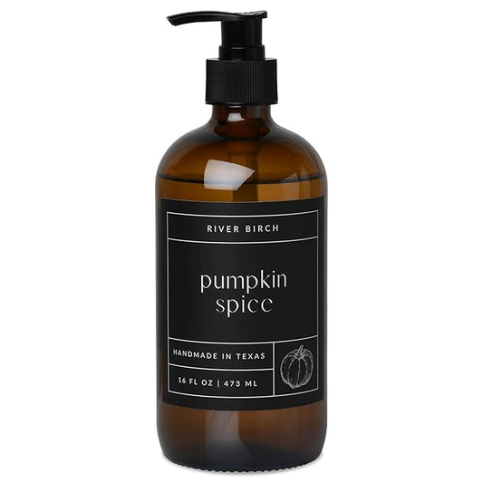 River Birch Pumpkin Spice Scented Natural Hand Soap -Handmade Soap -Moisturizing Hand Wash with Amber Glass Dispenser - Luxury Scented Hydrating Hand Soap - Vegan and Non-Toxic -16 Fl Oz
