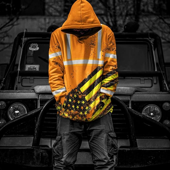 Color US Flag High Visibility Hoodie for Men Women Reflective Tapes Safety Workwear for Worker Runner Patriotic