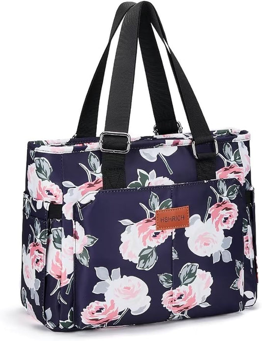 Large Peony Women's Lunch Bag, Insulated Aluminum Lunch Box with Side Pockets, Adjustable Carrying Options, Reusable and Easy to Clean