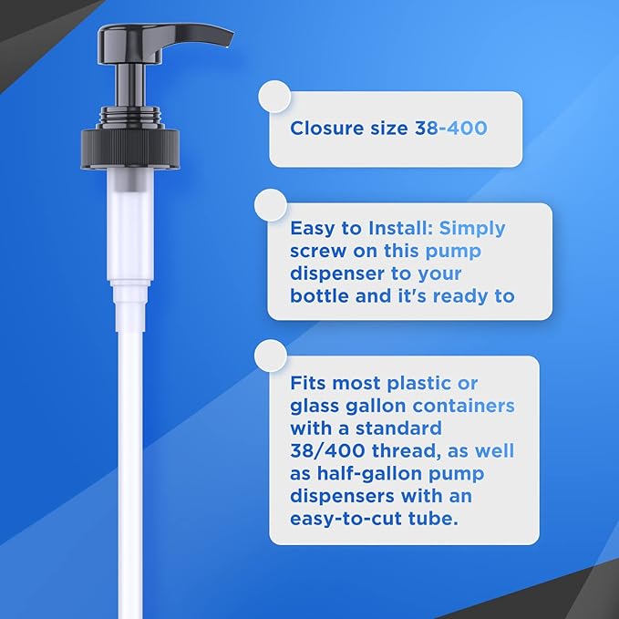 Gallon Pump Dispenser for Gallon Glass Jugs or Plastic Bottles - Compatible with Listerine Pump 1-1.5L Bottle Heavy-Duty for Snow Cone Syrup, Soap, Condiments, Detergent - Pack of 2 Black Pumps