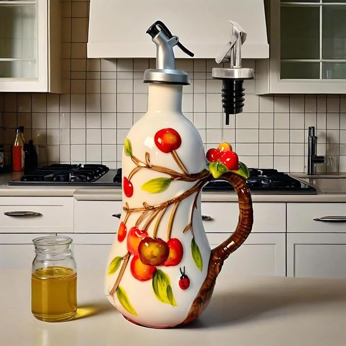 18 oz Hand-Painted Relief Ceramic Olive Oil Bottle Dispenser, with Handle Decorative Olive Oil Dispenser Bottle, for Kitchen Ceramic Oil Vinegar Bottle Seasoning Bottle with Stainless Steel Pour Spout