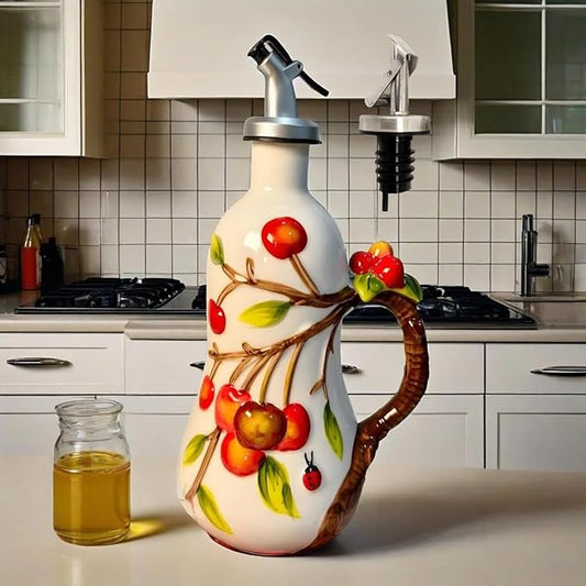 18 oz Hand-Painted Relief Ceramic Olive Oil Bottle Dispenser, with Handle Decorative Olive Oil Dispenser Bottle, for Kitchen Ceramic Oil Vinegar Bottle Seasoning Bottle with Stainless Steel Pour Spout