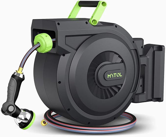 Retractable Garden Hose Reel, 1/2 Inch x 100 ft + 6 ft Wall Mount Hose Reel with Automatic Slow Rewind System, Any Length Lock, 10 Patterns Hose Nozzle, 180°Swivel Bracket, for Garden Watering
