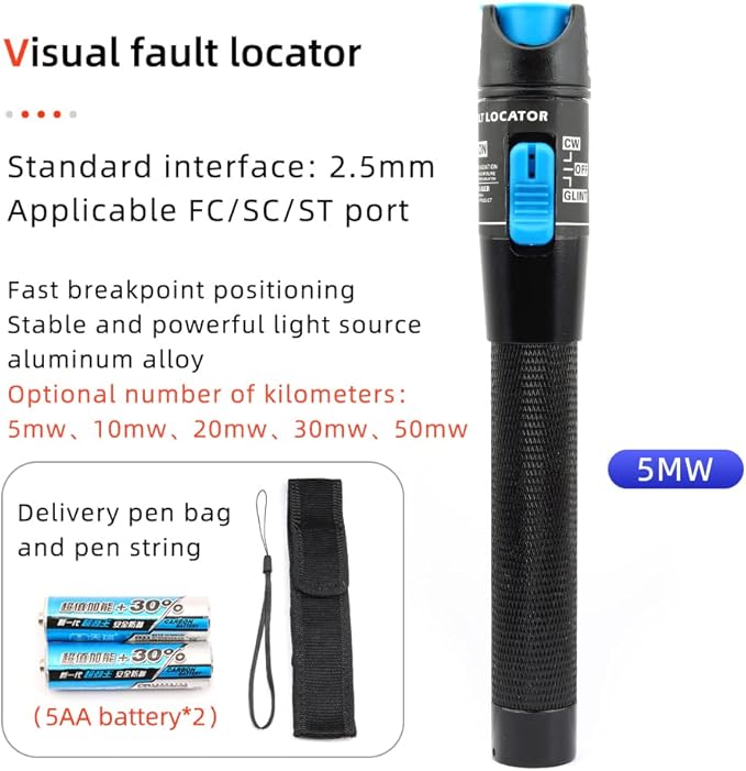 FTTH Fiber Optic Cold Connection Assembly Termination Tools Kit Bag with Visual Fault Locator Fiber Cleaver SC FC Connector Optical Power Meter Finder Cable Tester Stripper Tool Dust Free Paper
