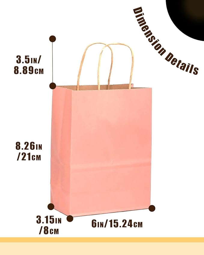 qiqee 32Pcs Small Size Light Pink Kraft Paper GIft Bags with Handles - 8.3"x6"x3.15" Kraft Small Party Bags