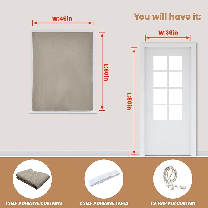 Adhesive Curtain,100% Blackout Shades,No Rod,Easy to Install,Provides Privacy Protection for Bedrooms (Light Coffee - W46 × L60 in)