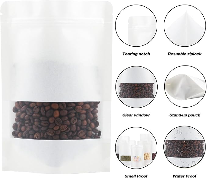 100 Pack Bags, Resealable Bags with Clear Window, Stand-up Bags for Sealing Storage, Scratch Resistant Hand Storage Bags. (White, 7×10 Inch)