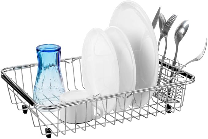 SANNO Dish Drying Rack with Stainless Steel Utensil Holder Large Dish Rack Drainer Drain Expandable Shelf Dish Rack in Sink or Over Sink or On Counter Rustproof Stainless Steel