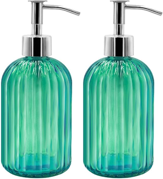 Pack of 2 Glass Soap Dispenser With Pump, 400 ml for Washing Up Liquid, Shampoo and Lotion, Refillable for Kitchen, Bathroom, Laundry Room (Green)