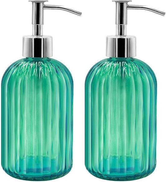 Pack of 2 Glass Soap Dispenser With Pump, 400 ml for Washing Up Liquid, Shampoo and Lotion, Refillable for Kitchen, Bathroom, Laundry Room (Green)