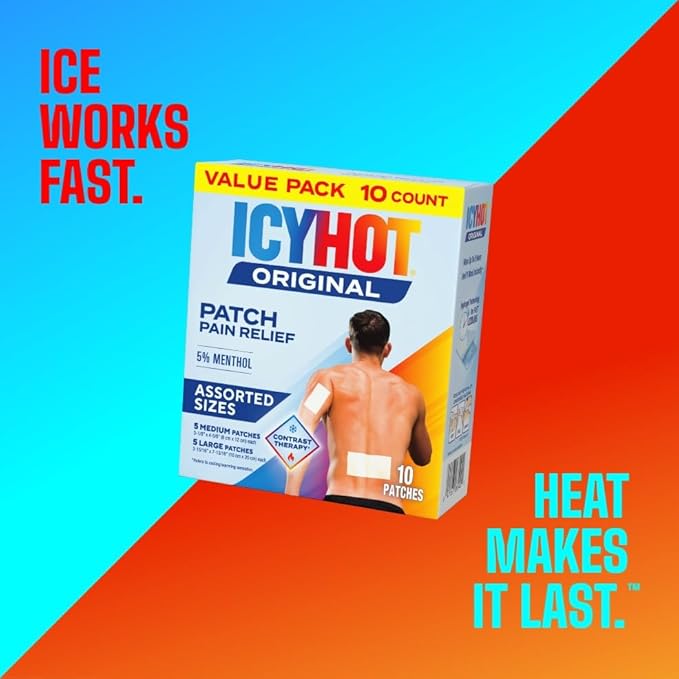 Icy Hot Original Pain Relief Patch Variety Pack with 5% Cooling Menthol for Fast-Acting Muscle and Joint Pain Relief, 5 Medium and 5 Large Comfortable Fabric Patches, 10 Ct., 2 pk