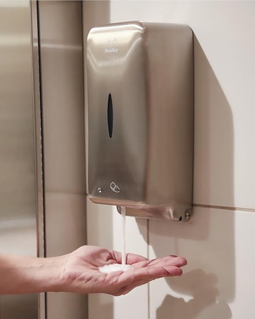 Bradley 6A01-11 Diplomat Foam Soap/Sanitizer Dispenser, Surface Mounted, Vertical Tank, Low Battery Indicator Lights, Architectural Satin Finish, Stainless Steel
