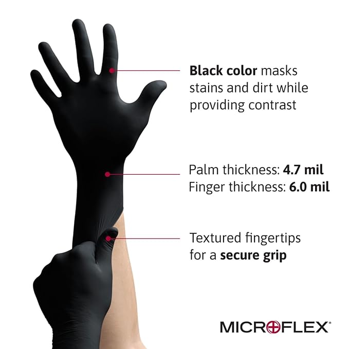 Microflex MK-296-XL MidKnight Disposable Nitrile Glove for Automotive with Full Texture, Black
