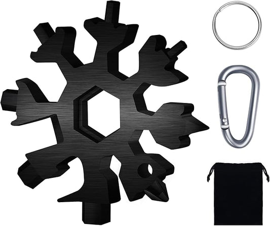 Snowflake Multitool, 1 Pieces 18-in-1 Stainless Steel Snowflake Standard Multitool, Snowflake Tool with Key Ring, Carabiner Clip and Gift Bag (Black)