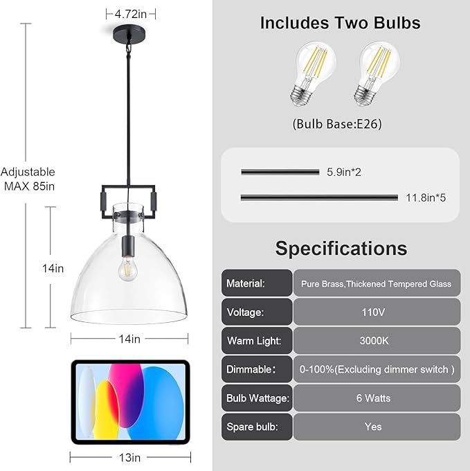 Mondern Large Black Kitchen Island Pendant Light, 14 '' W 1-Light Glass Chandelier,Island Pendant Lights,Farmhouses Pendant Light, for Kitchen,Dining Room,Bathroom,Includes Bulbs
