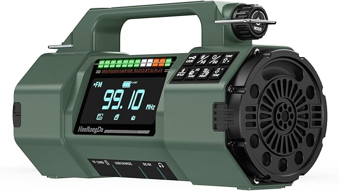 Emergency FM/AM/SW/VHF Weather Radio Bluetooth and Micro SD card playback， Big Flashlight/Speaker,Type-C, Solar Hand Crank Charge, 5000mAh Replaceable Battery,Cell Phone Charger Hurricane Survival kit