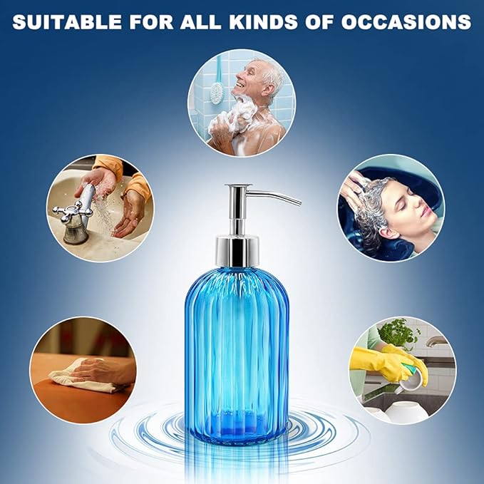 2 Pack Blue Glass Soap Dispenser Bottle with Pump, 14 Oz Refillable Liquid Hand Jar Dispenser for Bathroom, Countertop, Kitchen, Laundry Room