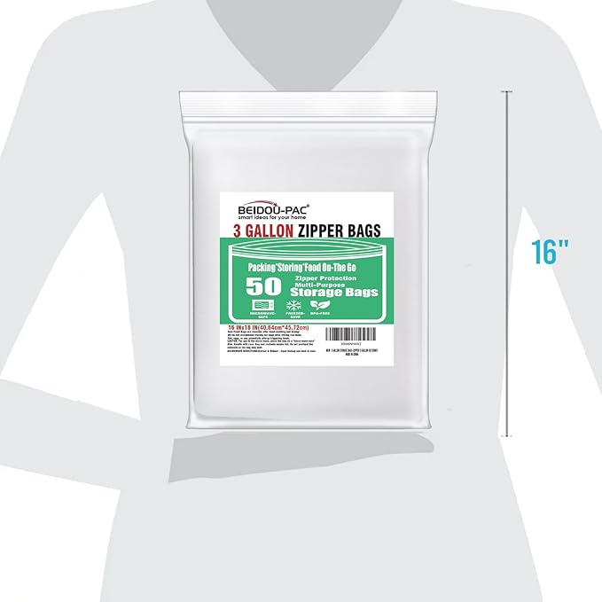 3 Gallon Large Plastic Bags with Zipper Top, | 50 Count | 2 Mil | 16" x 18" | Heavy-Duty Reusable Clear Freezer Storage Bags
