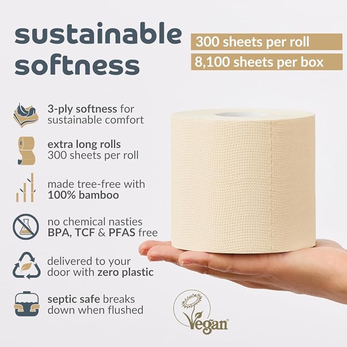 Bumboo Bamboo Toilet Roll 24 Pack | Unbleached Toilet Paper 3 ply, 300 Sheets | Eco Toilet Rolls | Plastic-Free, Soft, Strong & Sustainable Toilet Tissue, Beige