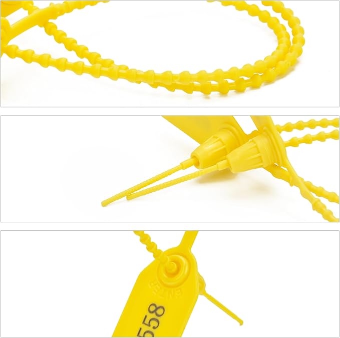 200pcs Plastic Security Tamper Seals Shipping Tags Disposable Signage Numbered Pull Tight Padlock Safety Self-Locking Seal Ties Tag, Yellow