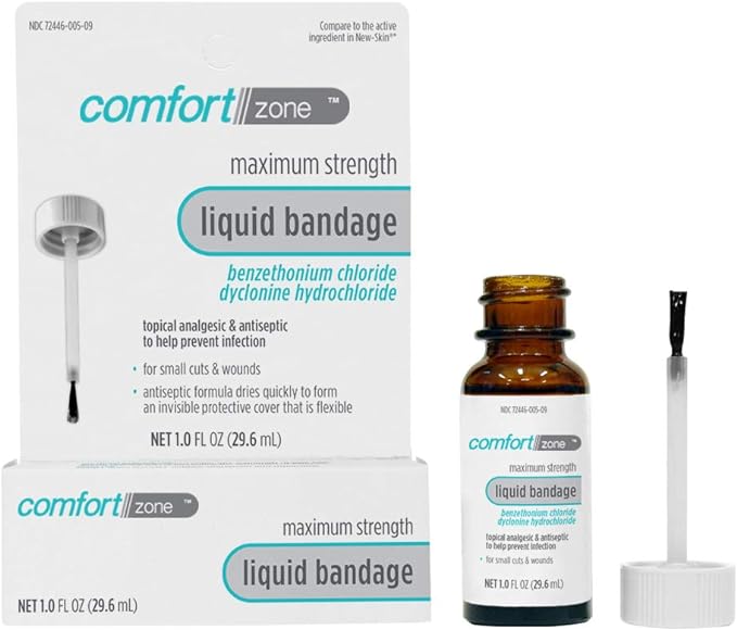 Comfort Zone Liquid Bandage, Topical Analgesic and Antiseptic, Protective Skin Barrier for Small Cuts and Wounds, 1 Ounce (2 Pack)